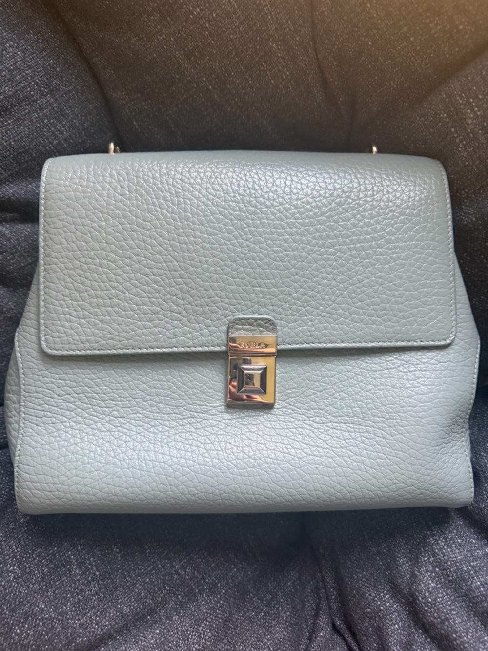 Furla Pebbled Leather Satchel in Pale Blue with Gold Hardware